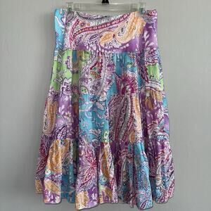 Lauren Ralph Lauren Tiered Paisley 100% Linen Midi Skirt Sz PS Petite 201111669